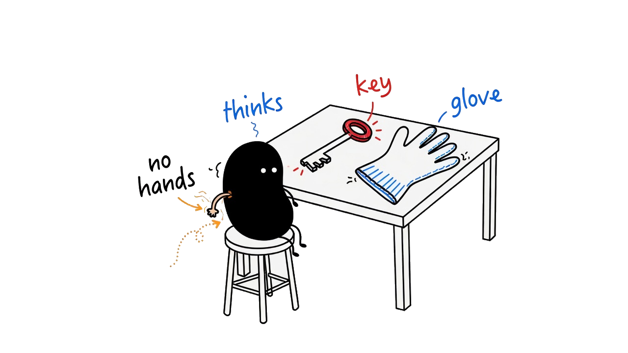 Small black figure on a stool, no real arms, staring at a key and an empty work glove on the table.
