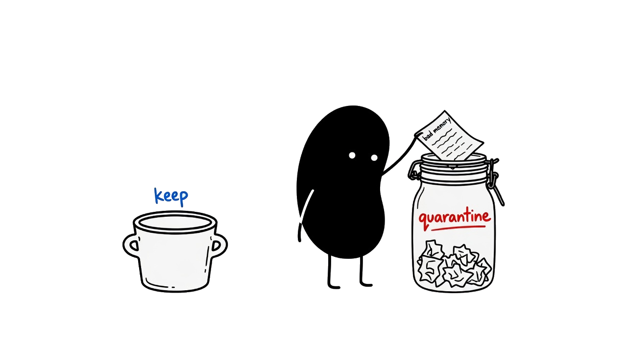 Small black figure putting a slip of paper into a sealed quarantine jar, not into the open keep crock.